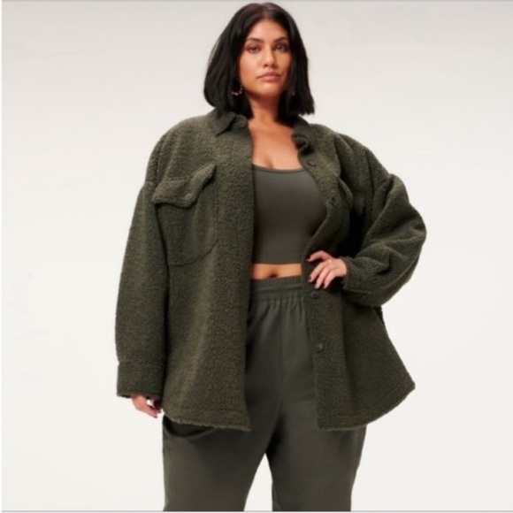 GOOD AMERICAN Relaxed Fit Dark Gray/green Sherpa Shacket plus size 4x/5x NWT - Picture 2 of 7